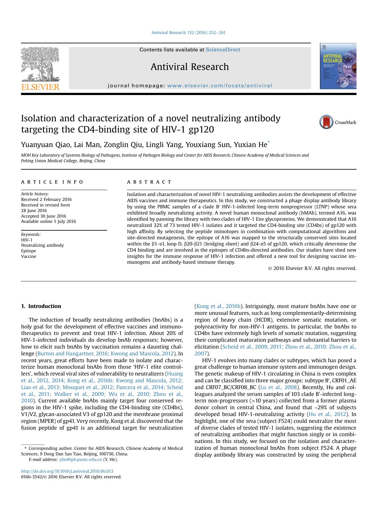 Isolation and characterization of a novel neutralizing antibody targeting the CD4-binding site of HIV-1 gp120 by Yuanyuan Qiao & Lai Man & Zonglin Qiu & Lingli Yang & Youxiang Sun & Yuxian He
