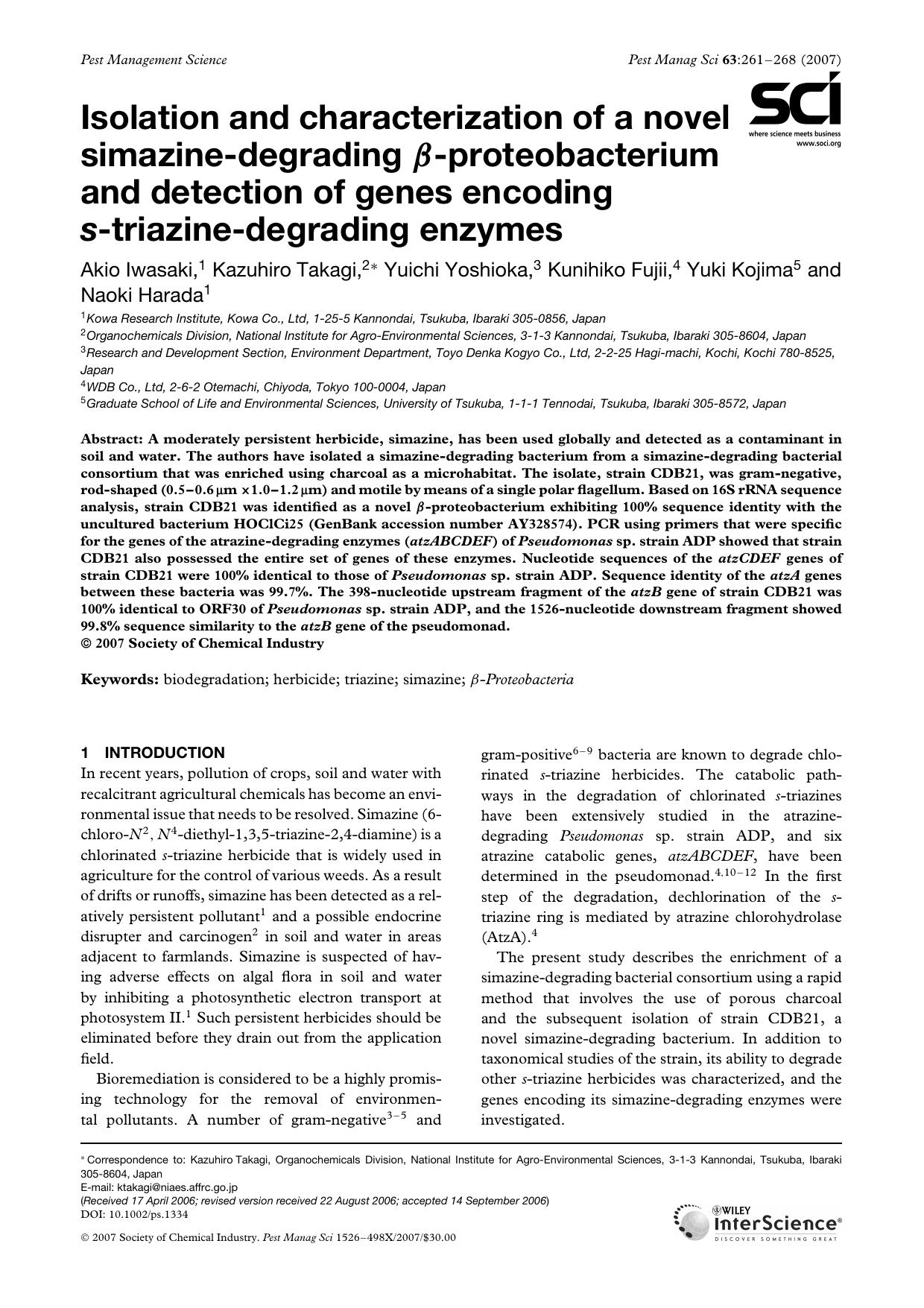 Isolation and characterization of a novel simazine-degrading [beta]-proteobacterium and detection of genes encoding s-triazine-degrading enzymes by Unknown