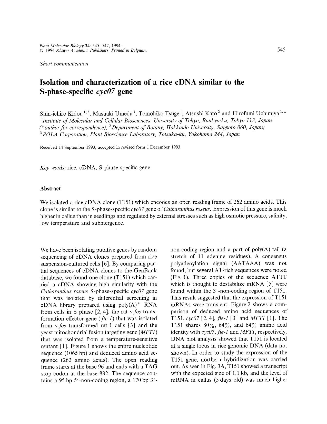 Isolation and characterization of a rice cDNA similar to the S-phase-specific <Emphasis Type="Italic">cyc07<Emphasis> gene by Unknown