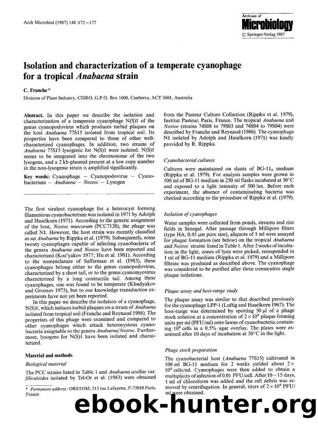 Isolation and characterization of a temperate cyanophage for a tropical <Emphasis Type="Italic">Anabaena<Emphasis> strain by Unknown