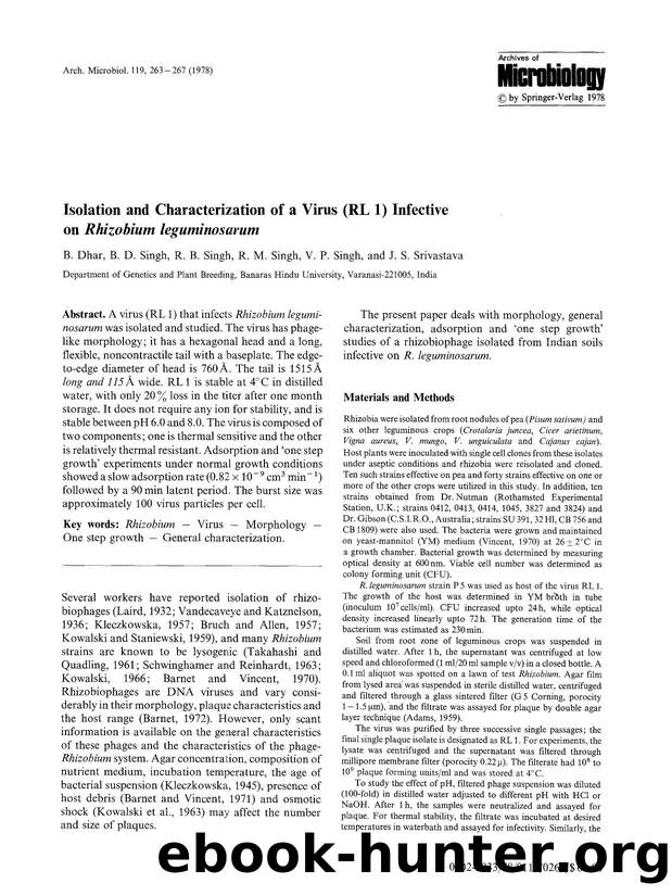 Isolation and characterization of a virus (RL 1) infective on <Emphasis Type="Italic">Rhizobium leguminosarum<Emphasis> by Unknown
