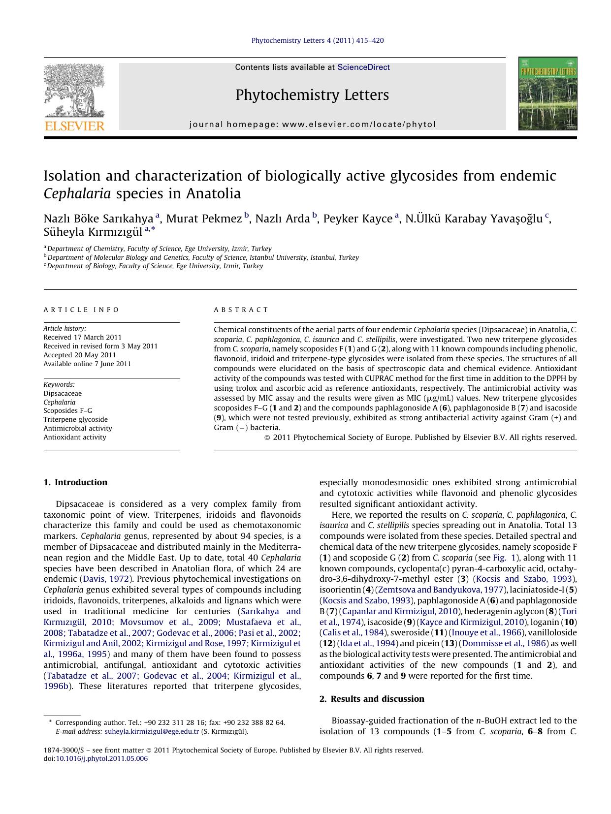 Isolation and characterization of biologically active glycosides from endemic Cephalaria species in Anatolia by NazlÄ± BÃ¶ke SarÄ±kahya