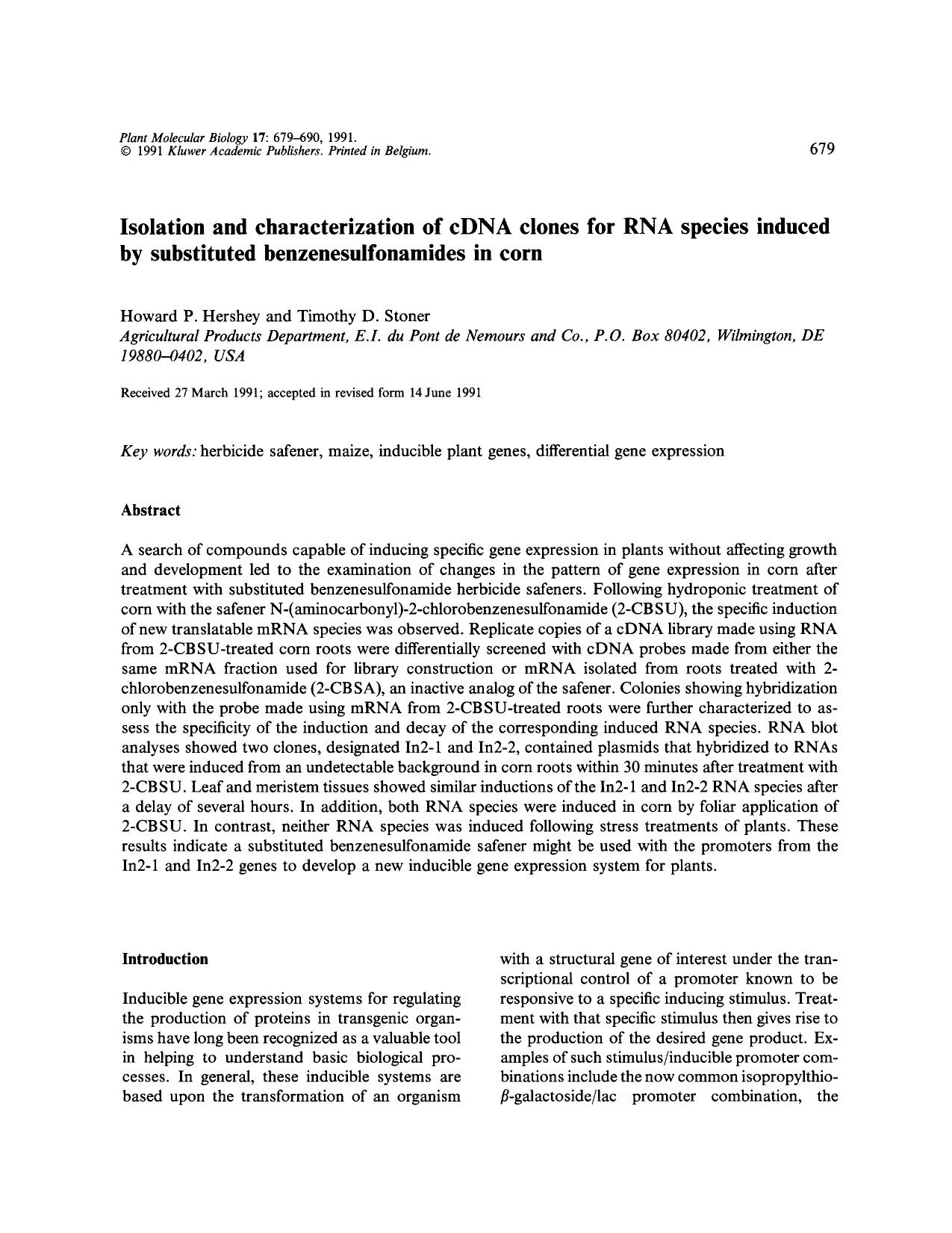 Isolation and characterization of cDNA clones for RNA species induced by substituted benzenesulfonamides in corn by Unknown