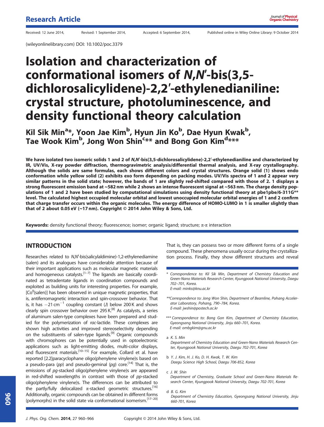 Isolation and characterization of conformational isomers of N,N-bis(3,5-dichlorosalicylidene)-2,2-ethylenedianiline: crystal structure, photoluminescence, and density functional theory calculation by unknow
