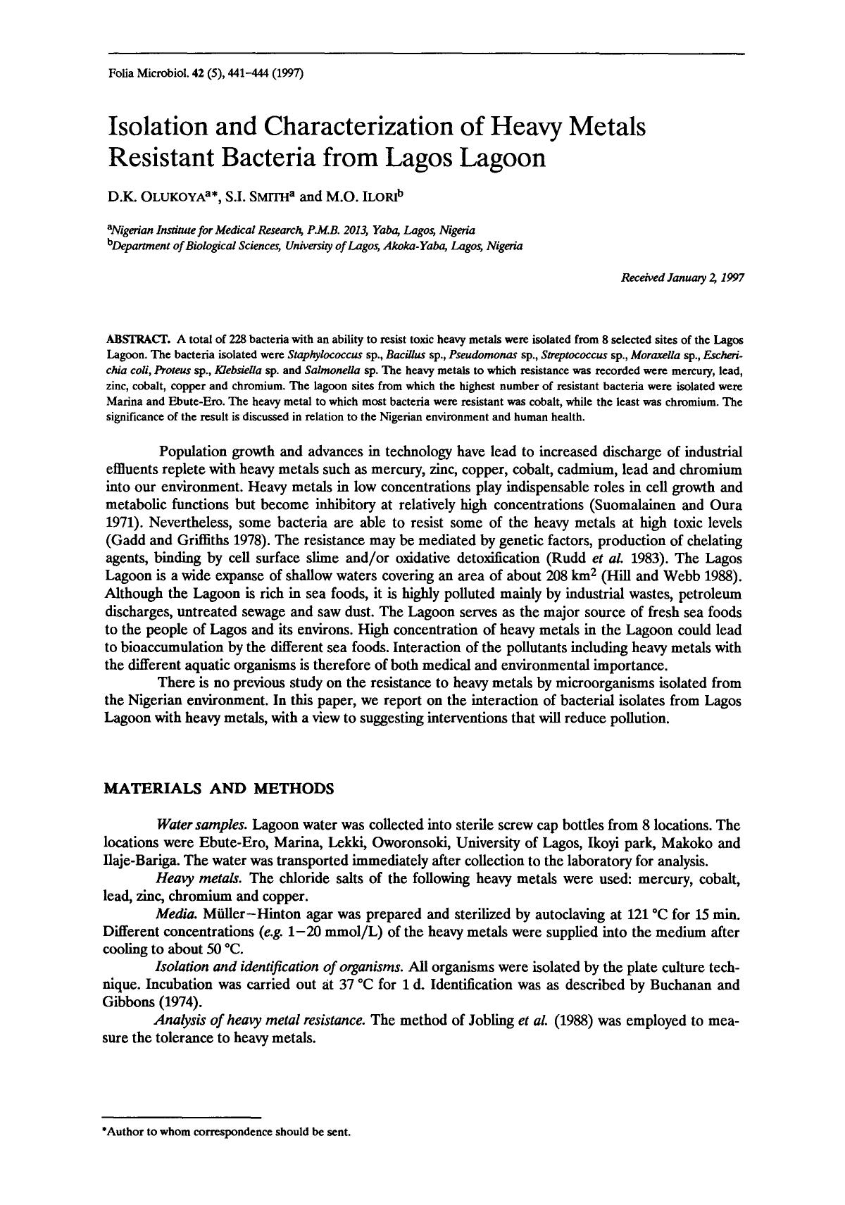 Isolation and characterization of heavy metals resistant bacteria from Lagos Lagoon by Unknown