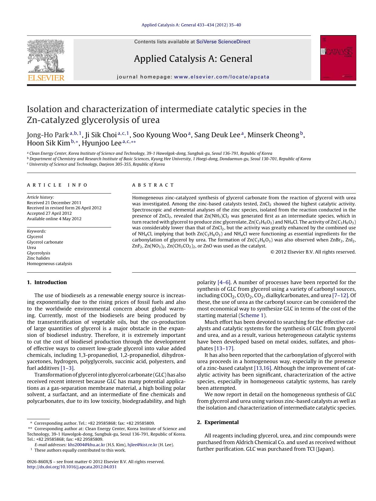 Isolation and characterization of intermediate catalytic species in the Zn-catalyzed glycerolysis of urea by Jong-Ho Park
