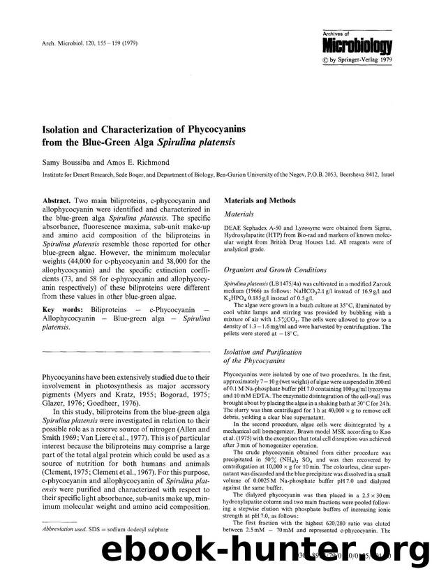 Isolation and characterization of phycocyanins from the blue-green alga <Emphasis Type="Italic">Spirulina platensis<Emphasis> by Unknown