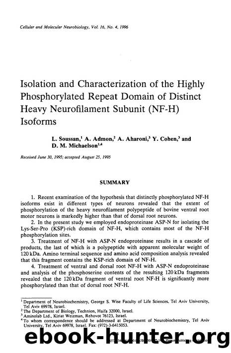 Isolation and characterization of the highly phosphorylated repeat domain of distinct heavy neurofilament subunit (NF-H) isoforms by Unknown