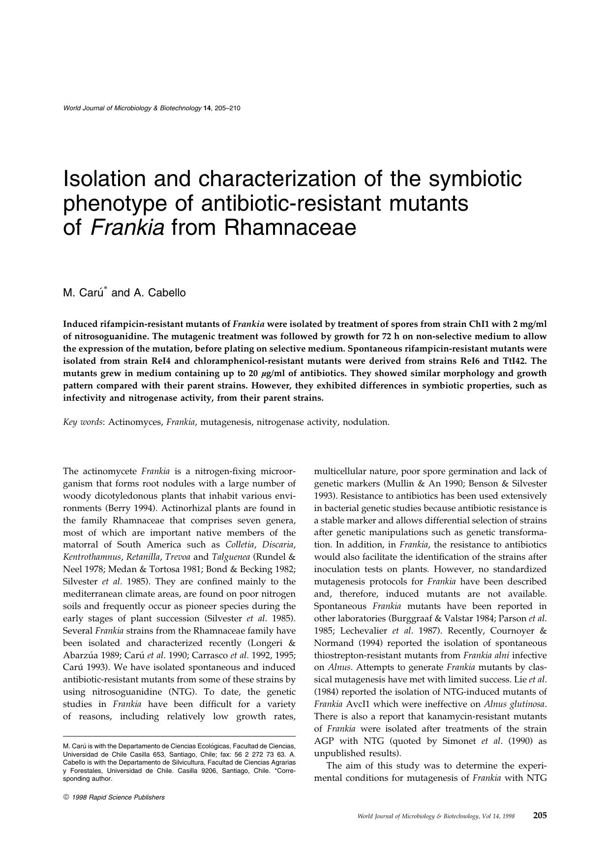 Isolation and characterization of the symbiotic phenotype of antibiotic-resistant mutantsof Frankia from Rhamnaceae by Unknown