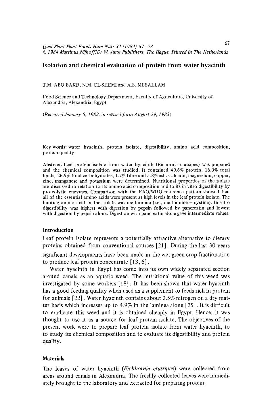 Isolation and chemical evaluation of protein from water hyacinth by Unknown