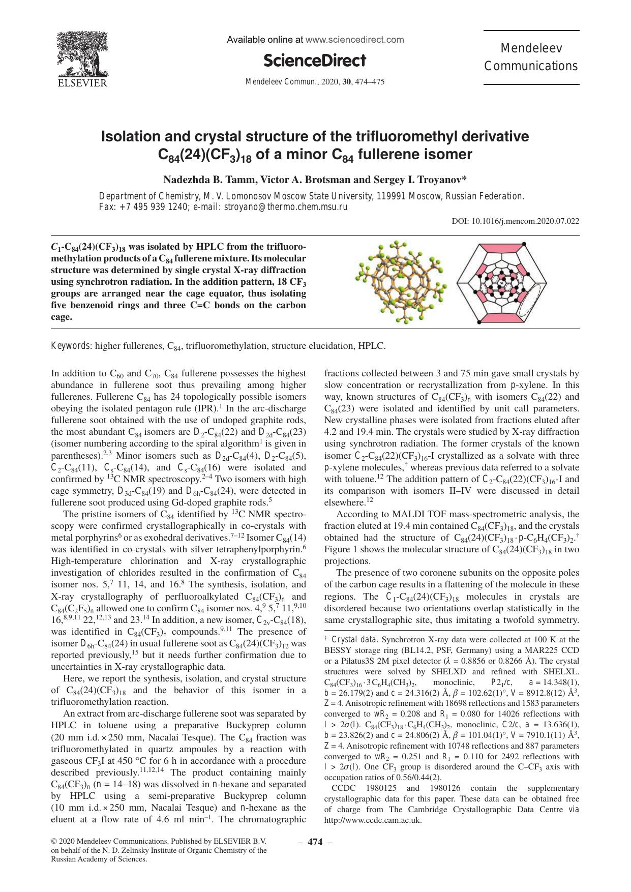 Isolation and crystal structure of the trifluoromethyl derivative C84(24)(CF3)18 of a minor C84 fullerene isomer by Nadezhda B. Tamm & Victor A. Brotsman & Sergey I. Troyanov