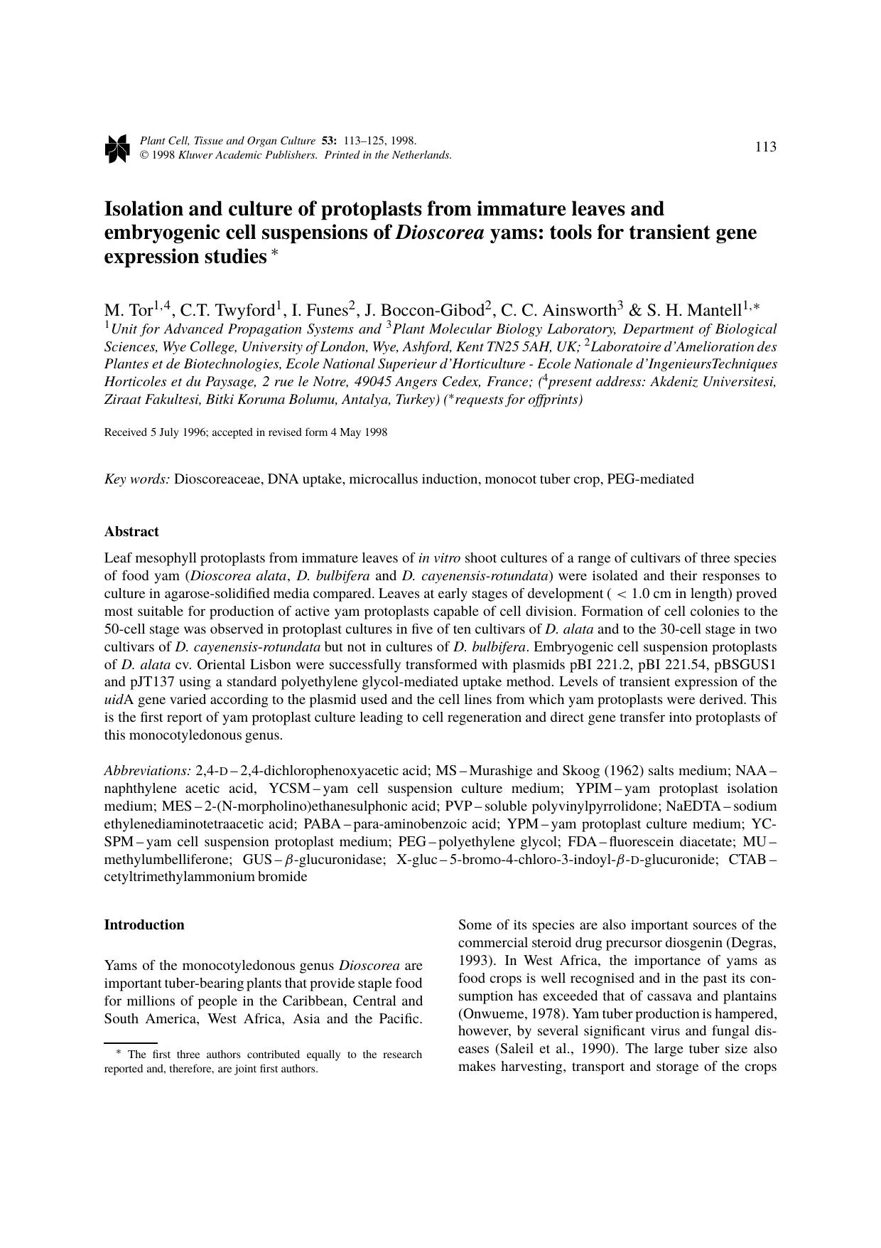 Isolation and culture of protoplasts from immature leaves and embryogenic cell suspensions of Dioscorea yams: tools for transient gene expression studies by Unknown