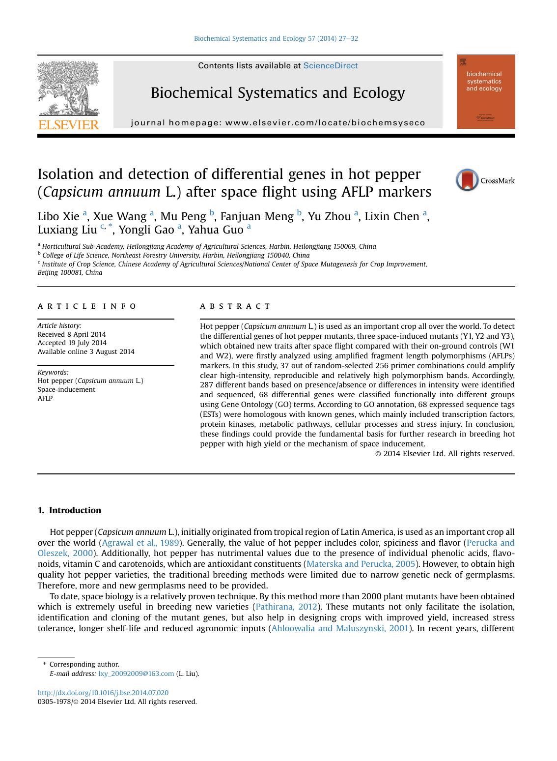 Isolation and detection of differential genes in hot pepper (Capsicum annuum L.) after space flight using AFLP markers by unknow
