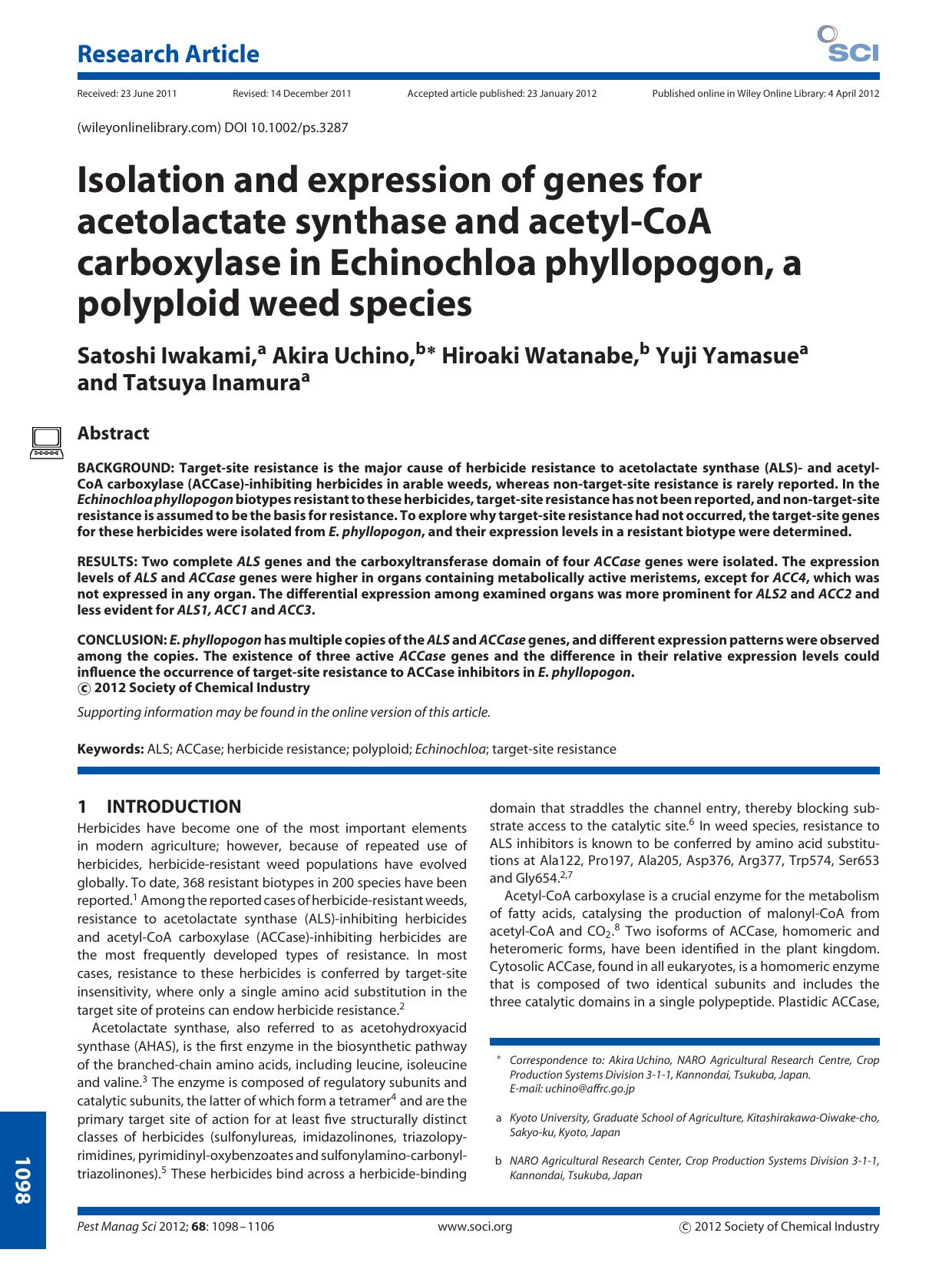 Isolation and expression of genes for acetolactate synthase and acetylCoA carboxylase in Echinochloa phyllopogon, a polyploid weed species by Unknown