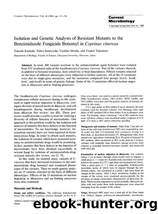 Isolation and genetic analysis of resistant mutants to the benzimidazole fungicide benomyl in <Emphasis Type="Italic">Coprinus cinereus <Emphasis> by Unknown