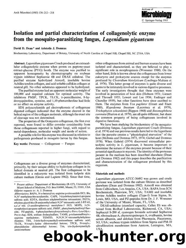 Isolation and partial characterization of collagenolytic enzyme from the mosquito-parasitizing fungus, <Emphasis Type="Italic">Lagenidium giganteum<Emphasis> by Unknown