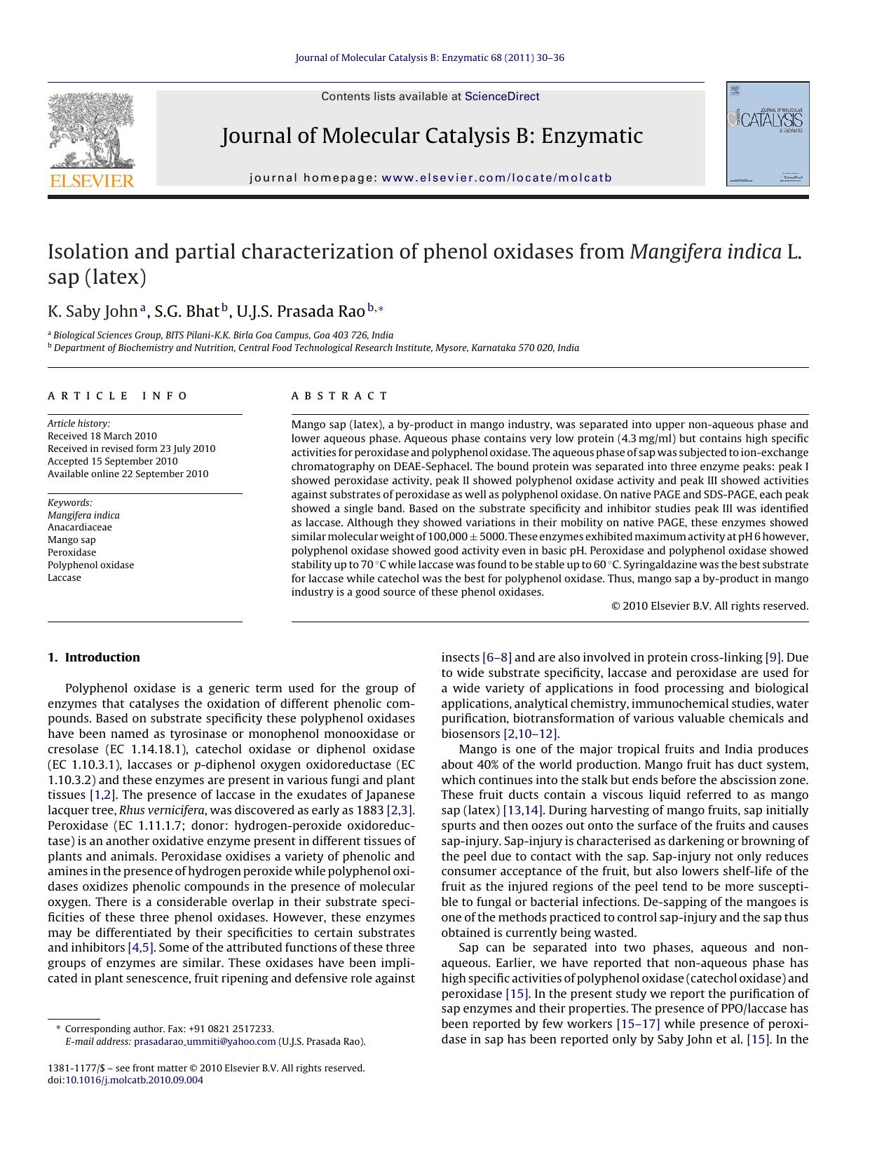 Isolation and partial characterization of phenol oxidases from Mangifera indica L. sap (latex) by K. Saby John