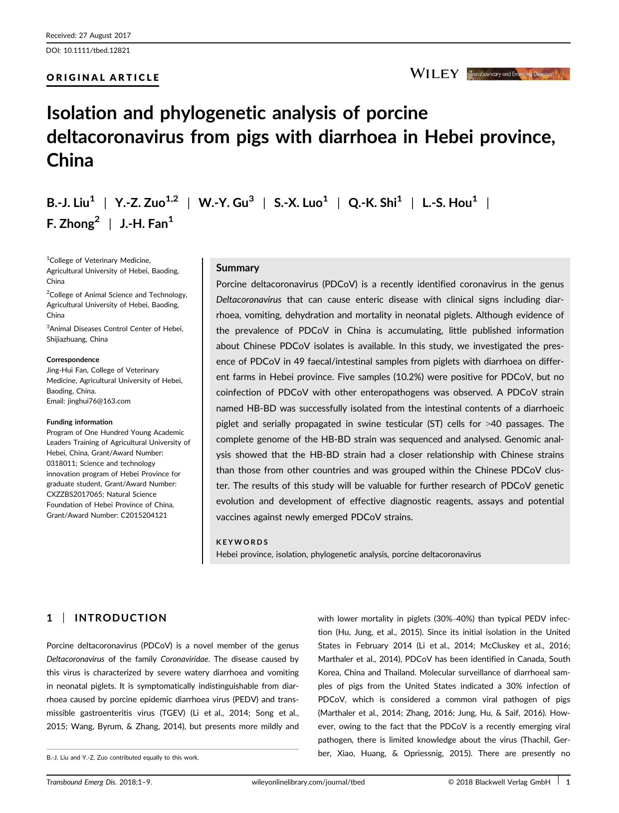 Isolation and phylogenetic analysis of porcine deltacoronavirus from pigs with diarrhoea in Hebei province, China by Unknown