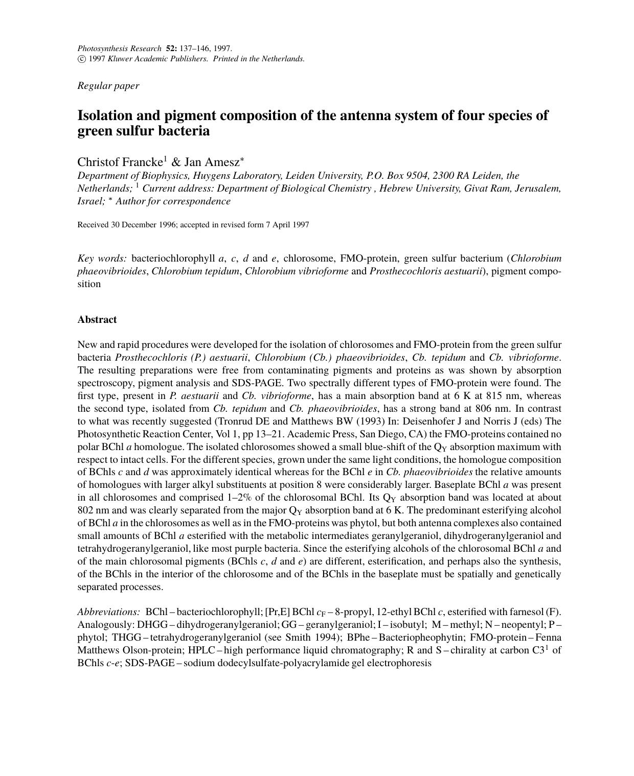 Isolation and pigment composition of the antenna system of four species of green sulfur bacteria by Unknown