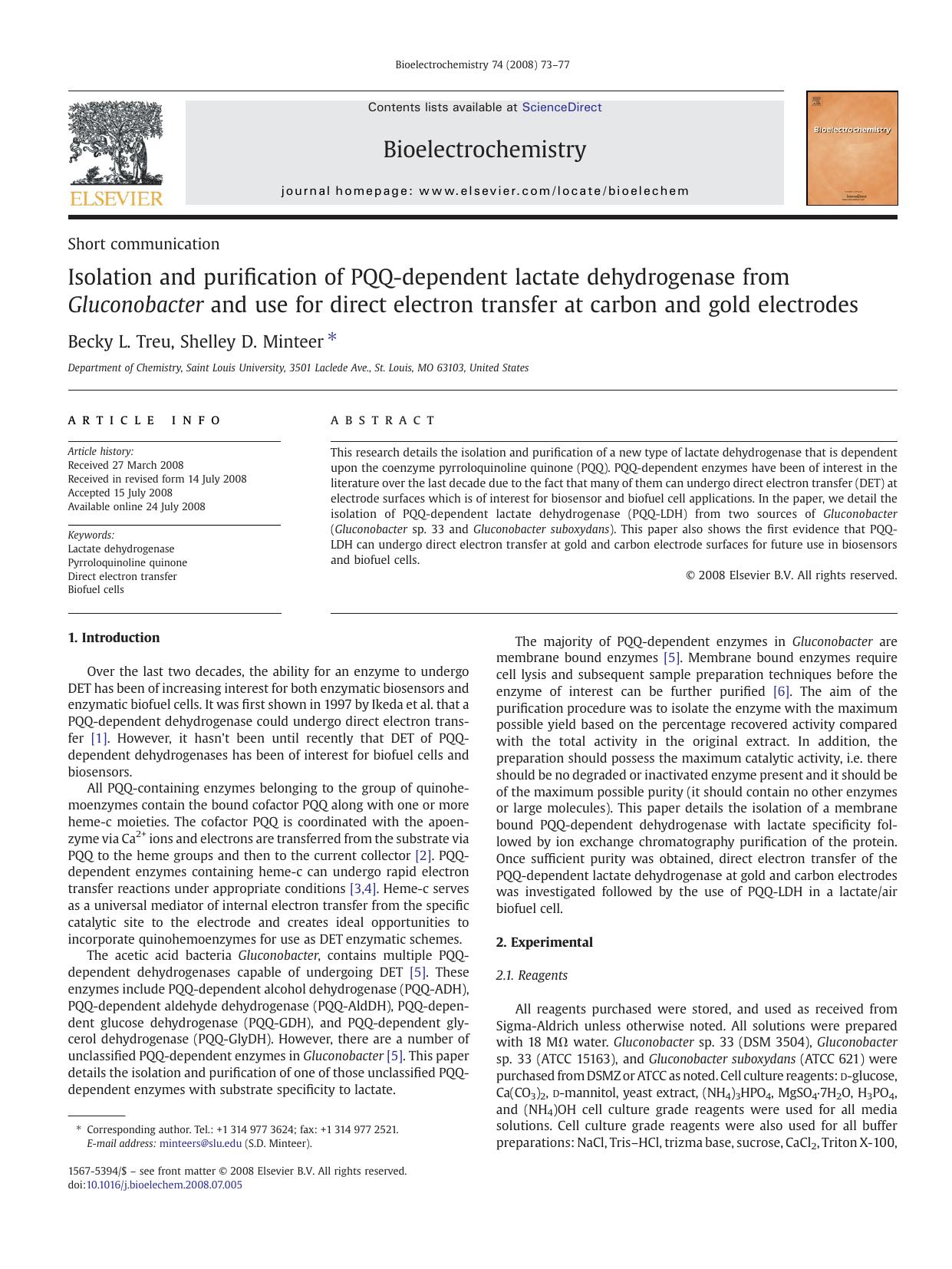 Isolation and purification of PQQ-dependent lactate dehydrogenase from Gluconobacter and use for direct electron transfer at carbon and gold electrodes by Becky L. Treu; Shelley D. Minteer