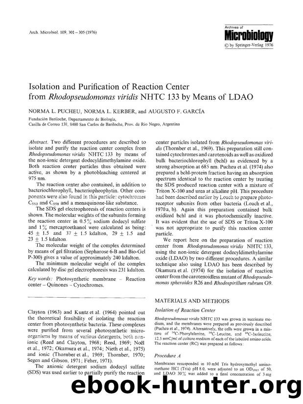 Isolation and purification of reaction center from <Emphasis Type="Italic">Rhodopseudomonas viridis<Emphasis> NHTC 133 by means of LDAO by Unknown