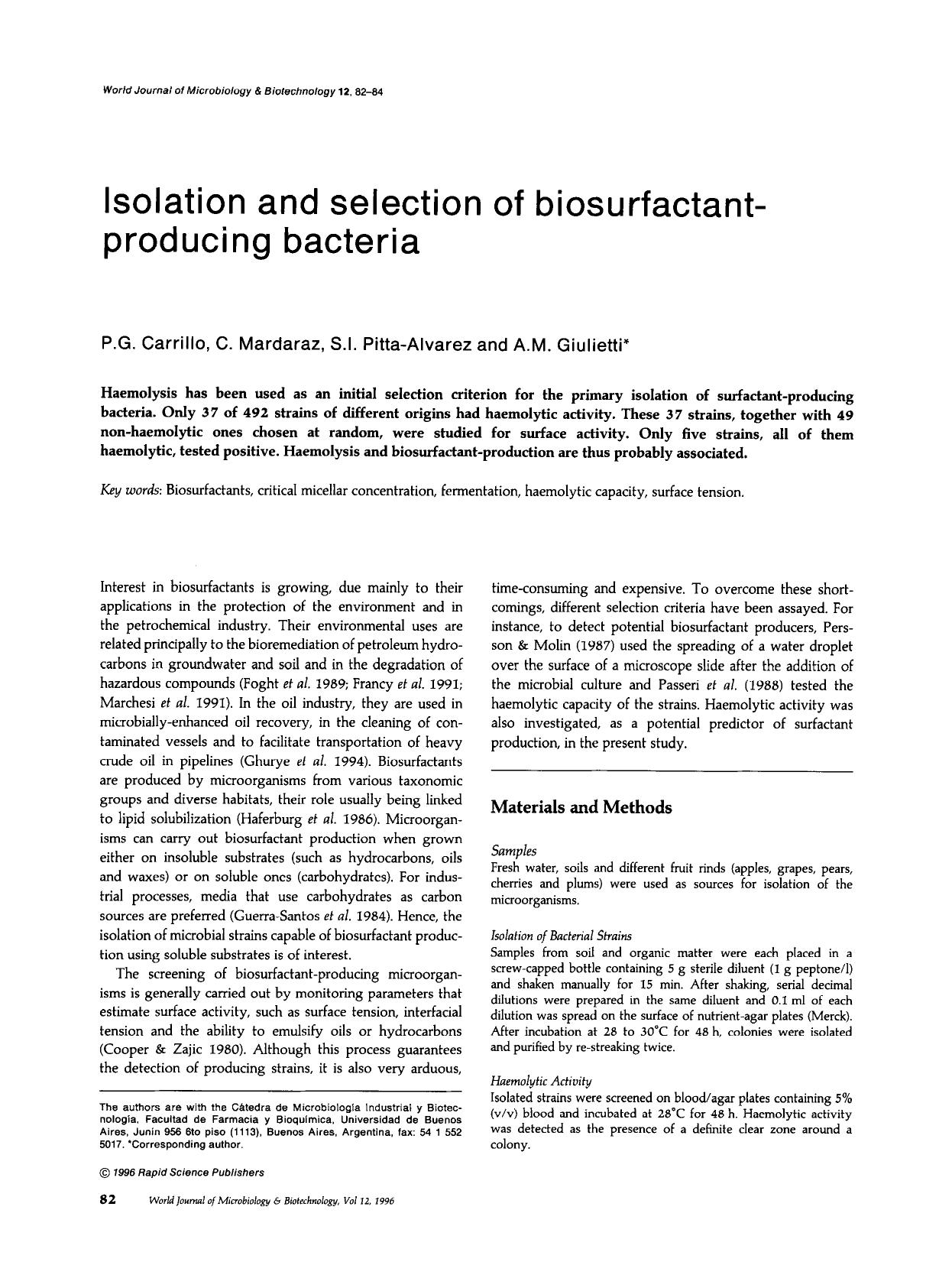 Isolation and selection of biosurfactant-producing bacteria by Unknown