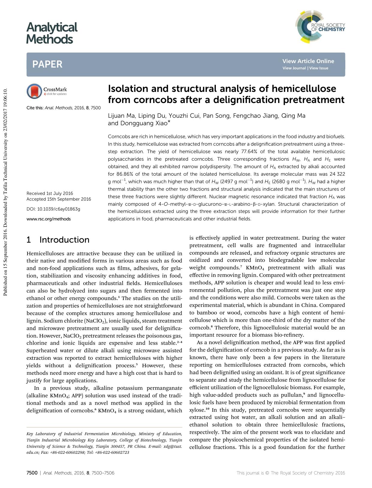 Isolation and structural analysis of hemicellulose from corncobs after a delignification pretreatment by Lijuan Ma & Liping Du & Youzhi Cui & Pan Song & Fengchao Jiang & Qing Ma & Dongguang Xiao