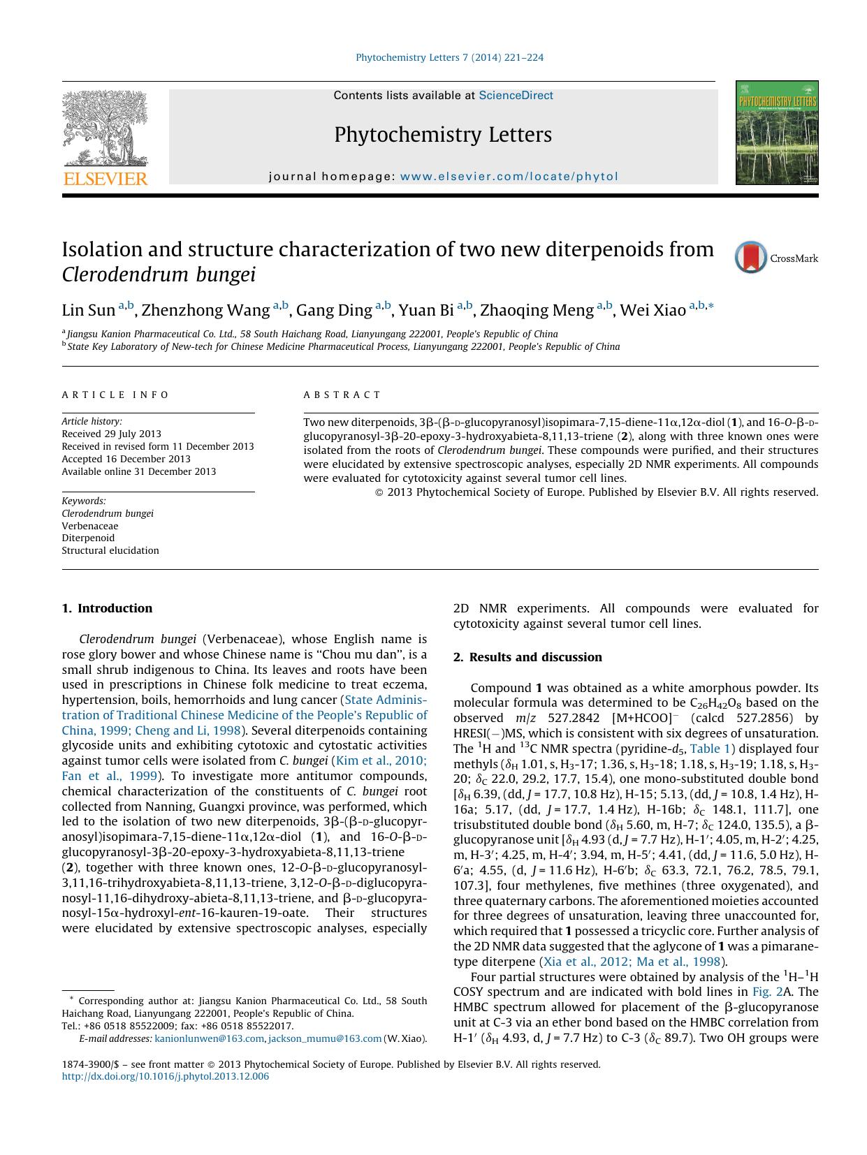 Isolation and structure characterization of two new diterpenoids from Clerodendrum bungei by Lin Sun & Zhenzhong Wang & Gang Ding & Yuan Bi & Zhaoqing Meng & Wei Xiao