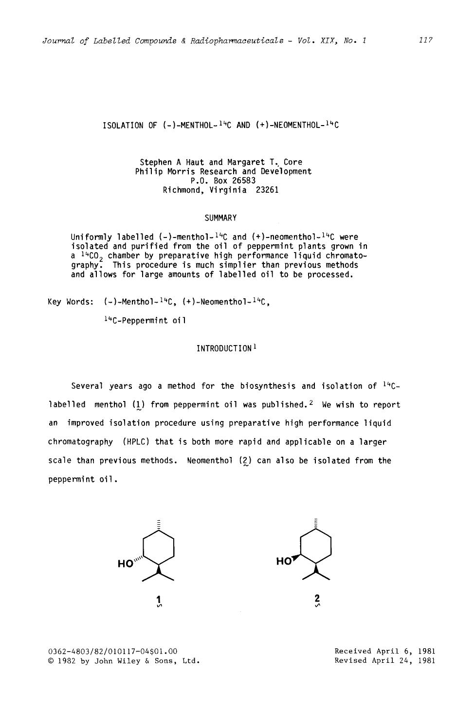Isolation of ([minus])-menthol-14C and (+)-neomenthol-14C by Unknown