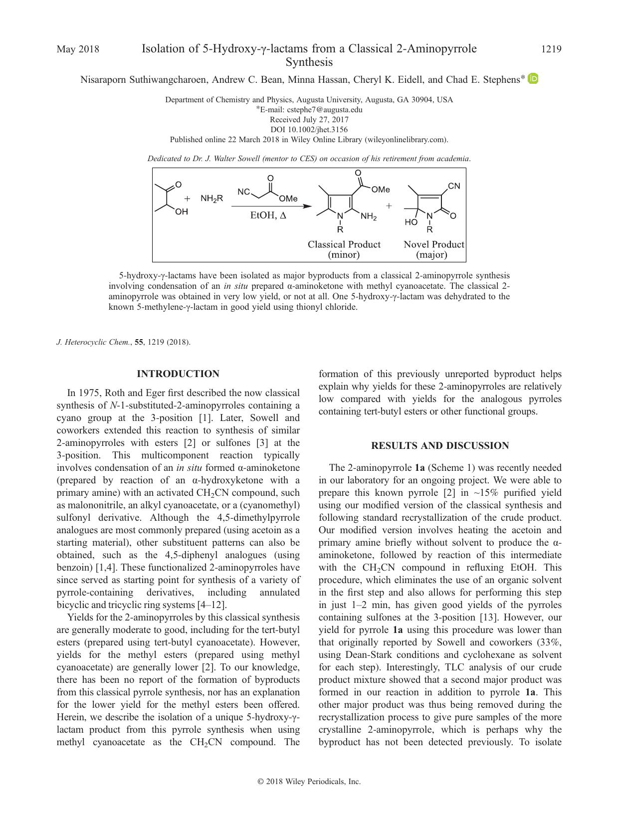 Isolation of 5-Hydroxy--lactams from a Classical 2-Aminopyrrole Synthesis by Nisaraporn Suthiwangcharoen Andrew C. Bean Minna Hassan Cheryl K. Eidell Chad E. Stephens