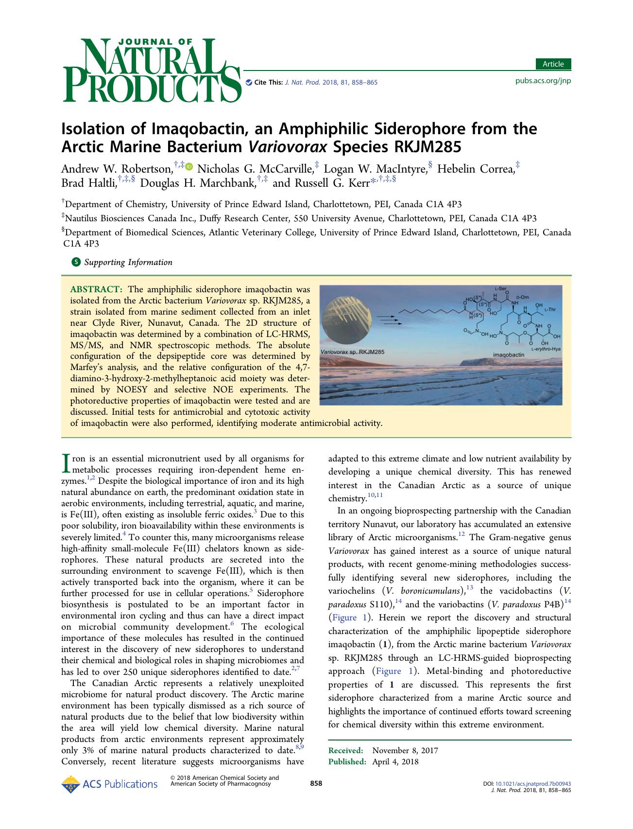 Isolation of Imaqobactin, an Amphiphilic Siderophore from the Arctic Marine Bacterium Variovorax Species RKJM285 by unknow