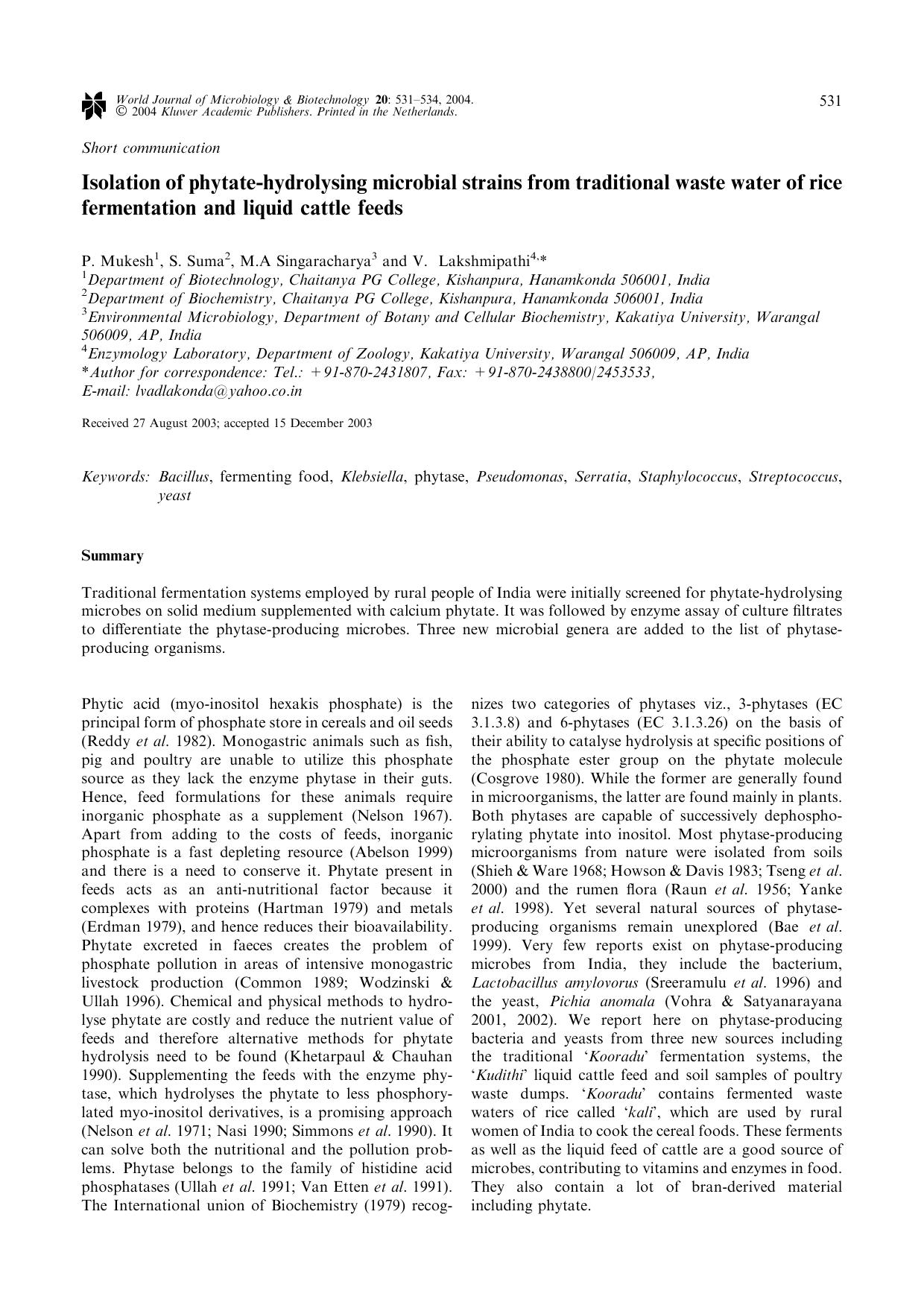 Isolation of Phytate-Hydrolysing Microbial Strains From Traditional Waste Water of Rice Fermentation and Liquid Cattle Feeds by Unknown