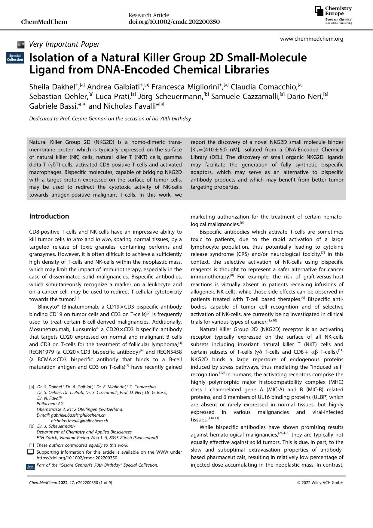 Isolation of a Natural Killer Group 2D SmallâMolecule Ligand from DNAâEncoded Chemical Libraries by Unknown