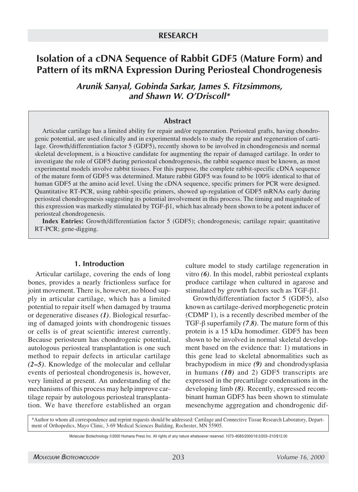 Isolation of a cDNA sequence of rabbit GDF5 (mature form) and pattern of its mRNA expression during periosteal chondrogenesis by Unknown
