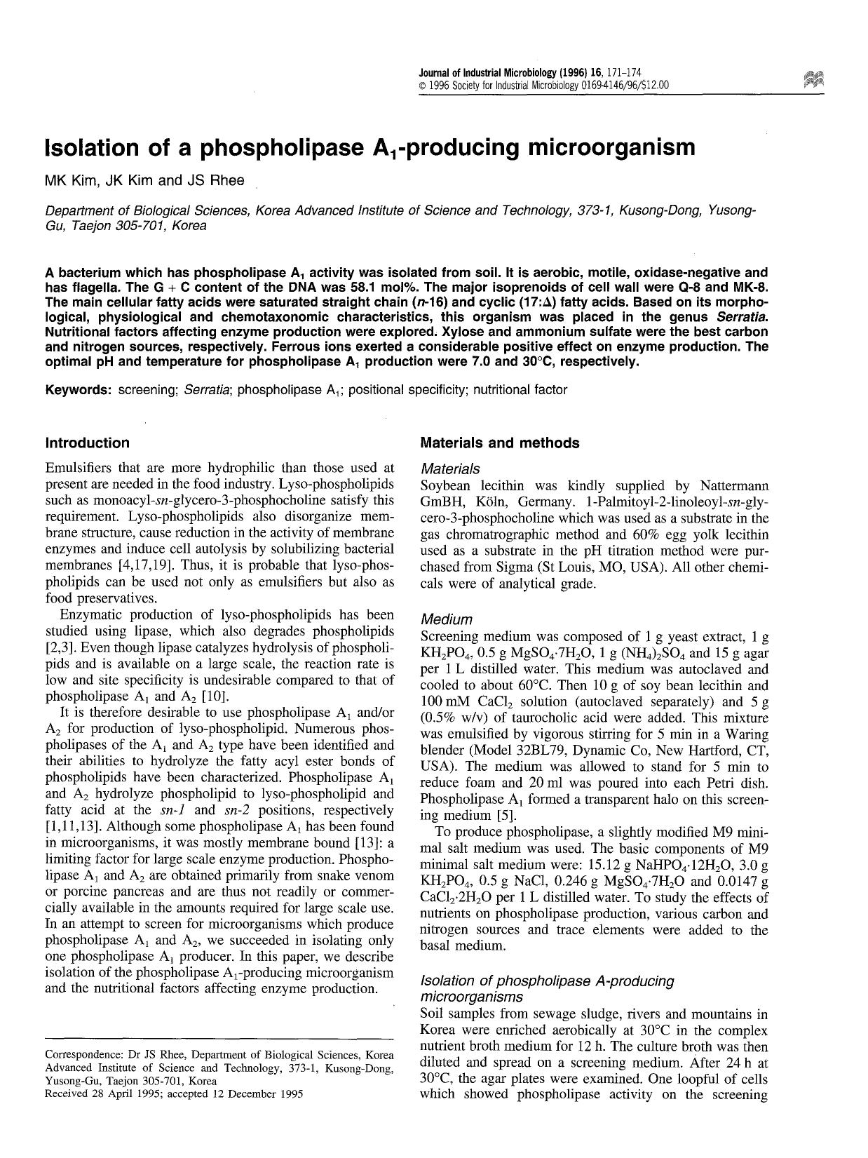 Isolation of a phospholipase A <Subscript>1 <Subscript>-producing microorganism by Unknown