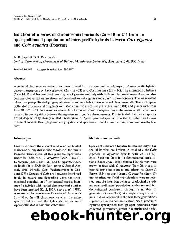 Isolation of a series of chromosomal variants (2n&#x003D;10 to 21) from an open-pollinated population of interspecific hybrids between <Emphasis Type="Italic">Coix gigantea<Emphasi by Unknown