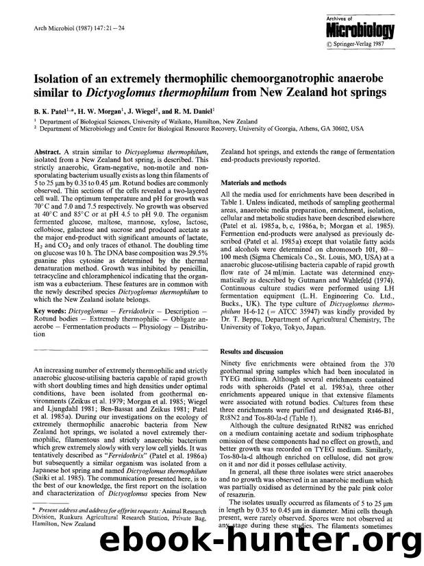 Isolation of an extremely thermophilic chemoorganotrophic anaerobe similar to <Emphasis Type="Italic">Dictyoglomus thermophilum<Emphasis> from new zealand hot springs by Unknown