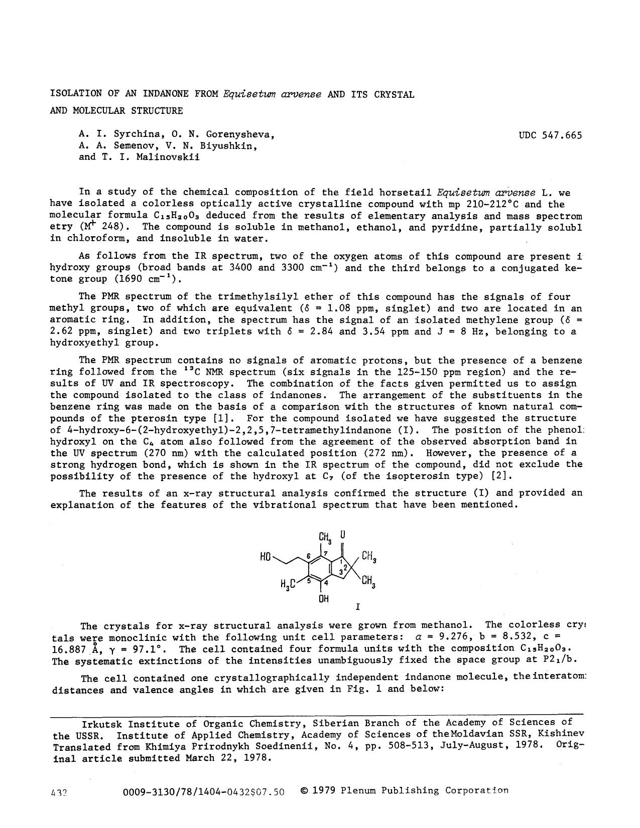 Isolation of an indanone from <Emphasis Type="Italic">Equisetum arvense <Emphasis> and its crystal and molecular structure by Unknown