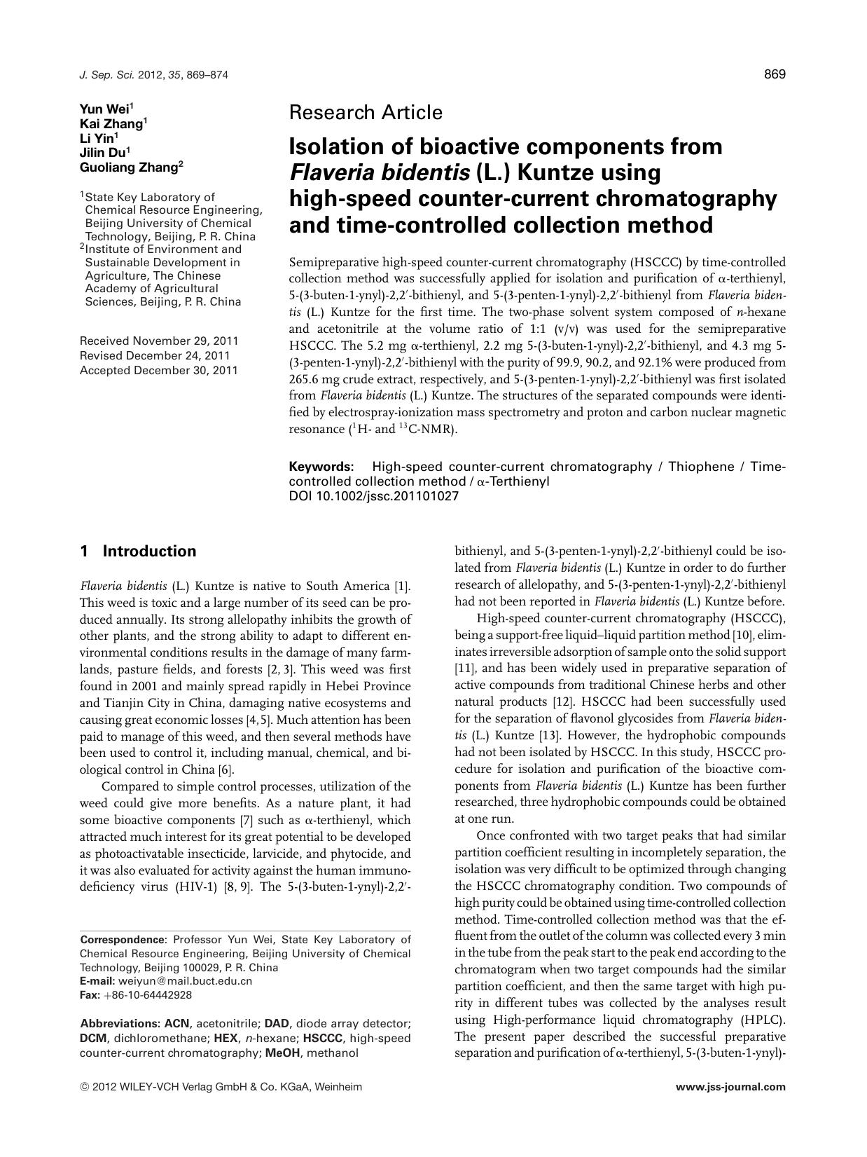 Isolation of bioactive components from Flaveria bidentis (L.) Kuntze using high-speed counter-current chromatography and time-controlled collection method by Unknown