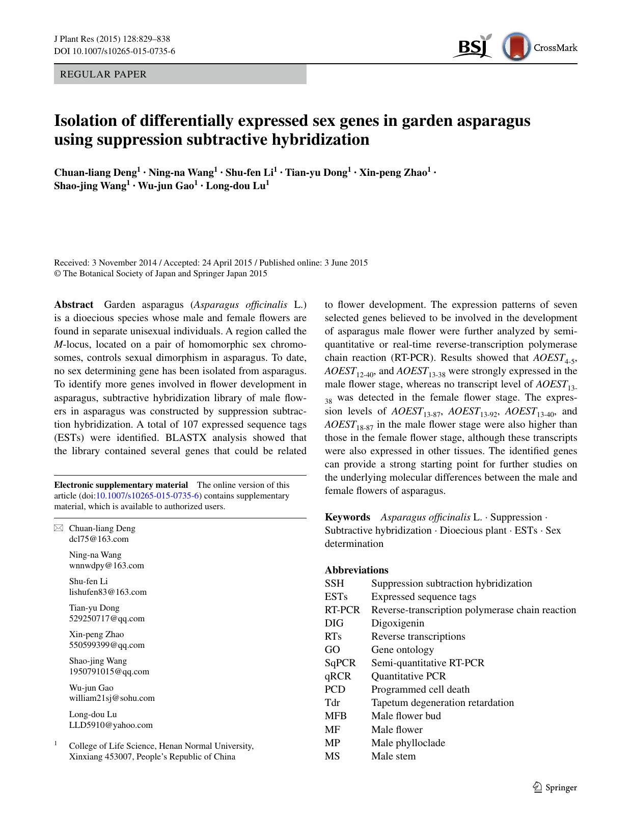 Isolation of differentially expressed sex genes in garden asparagus using suppression subtractive hybridization by unknow