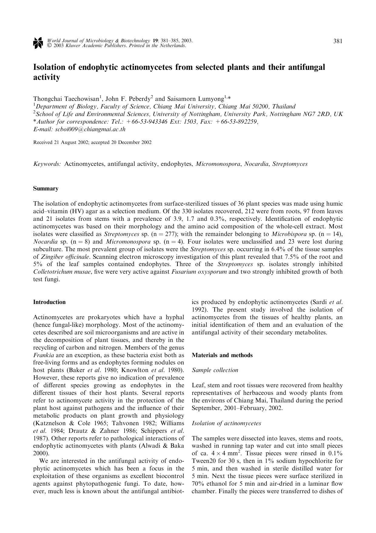 Isolation of endophytic actinomycetes from selected plants and their antifungal activity by Unknown