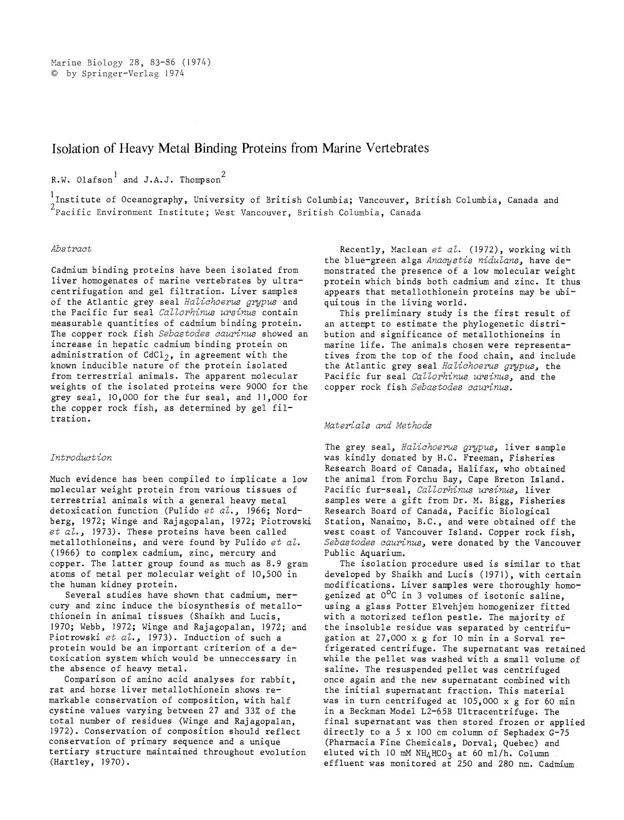 Isolation of heavy metal binding proteins from marine vertebrates by Unknown