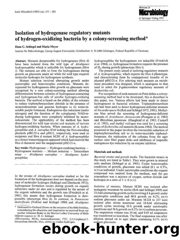 Isolation of hydrogenase regulatory mutants of hydrogen-oxidizing bacteria by a colony-screening method by Unknown