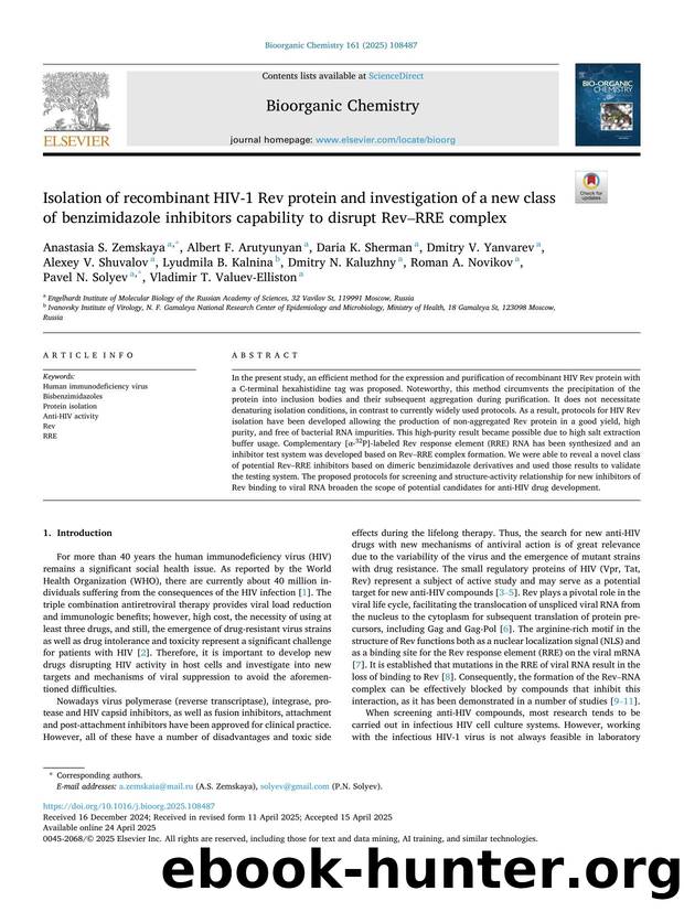 Isolation of recombinant HIV-1 Rev protein and investigation of a new class of benzimidazole inhibitors capability to disrupt RevâRRE complex by unknow