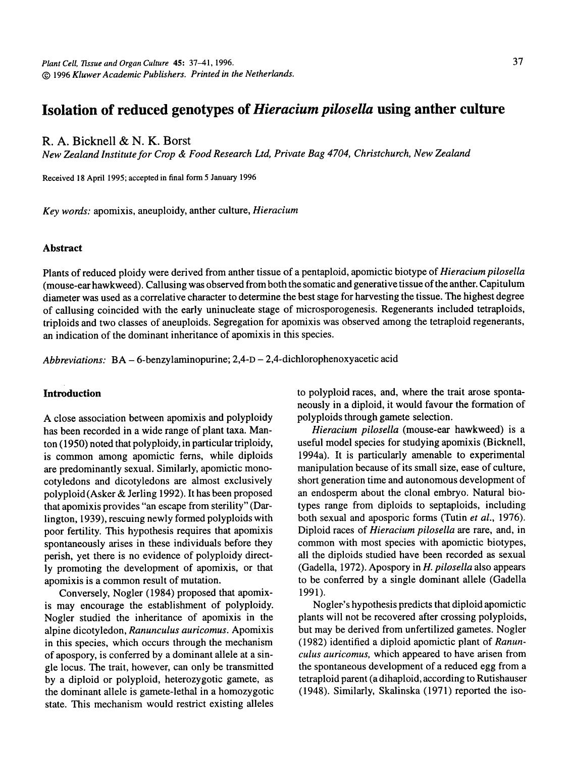 Isolation of reduced genotypes of <Emphasis Type="Italic">Hieracium pilosella <Emphasis> using anther culture by Unknown