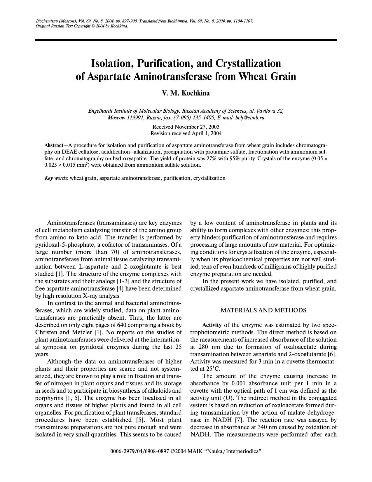 Isolation, Purification, and Crystallization of Aspartate Aminotransferase from Wheat Grain by Unknown