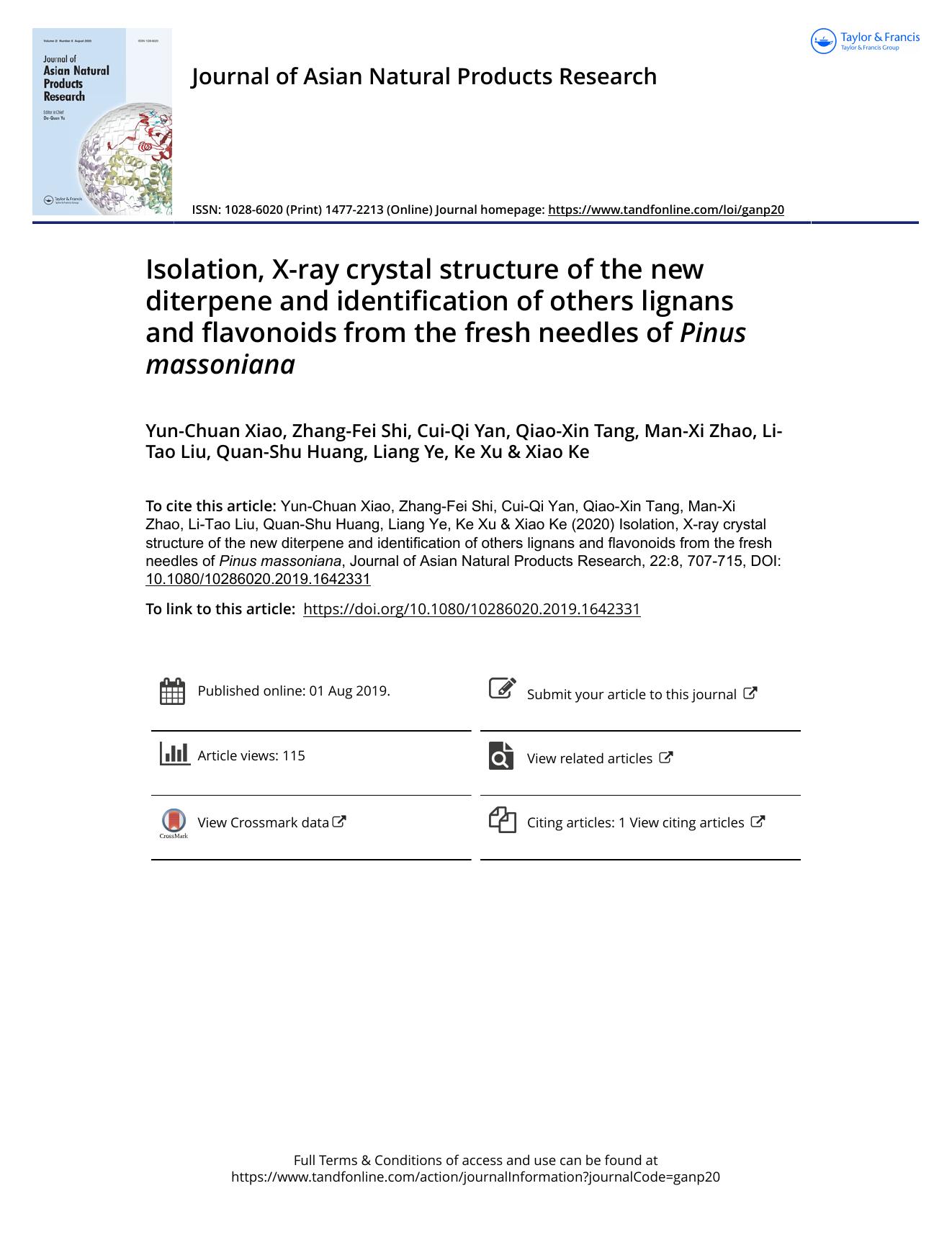 Isolation, X-ray crystal structure of the new diterpene and identification of others lignans and flavonoids from the fresh needles of Pinus massoniana by unknow