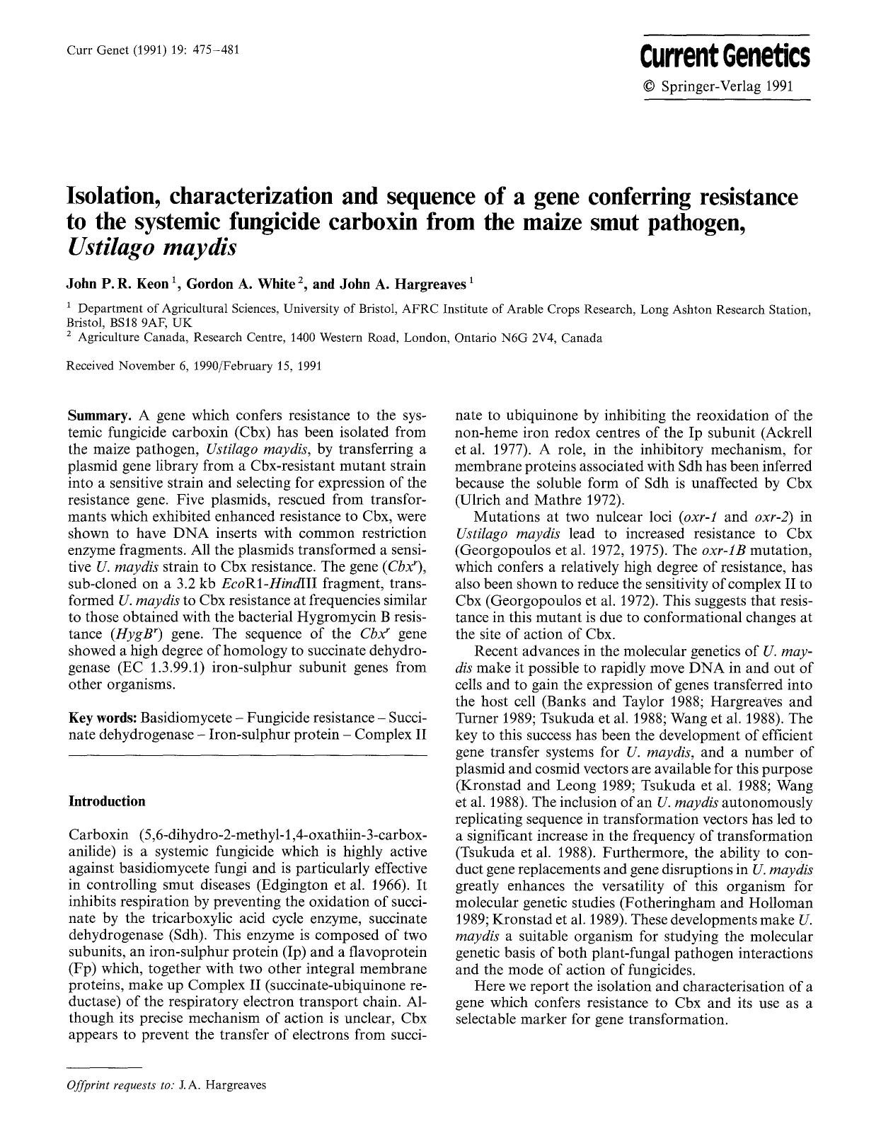 Isolation, characterization and sequence of a gene conferring resistance to the systemic fungicide carboxin from the maize smut pathogen, <Emphasis Type="Italic">Ustilago maydis<Emphasis> by Unknown
