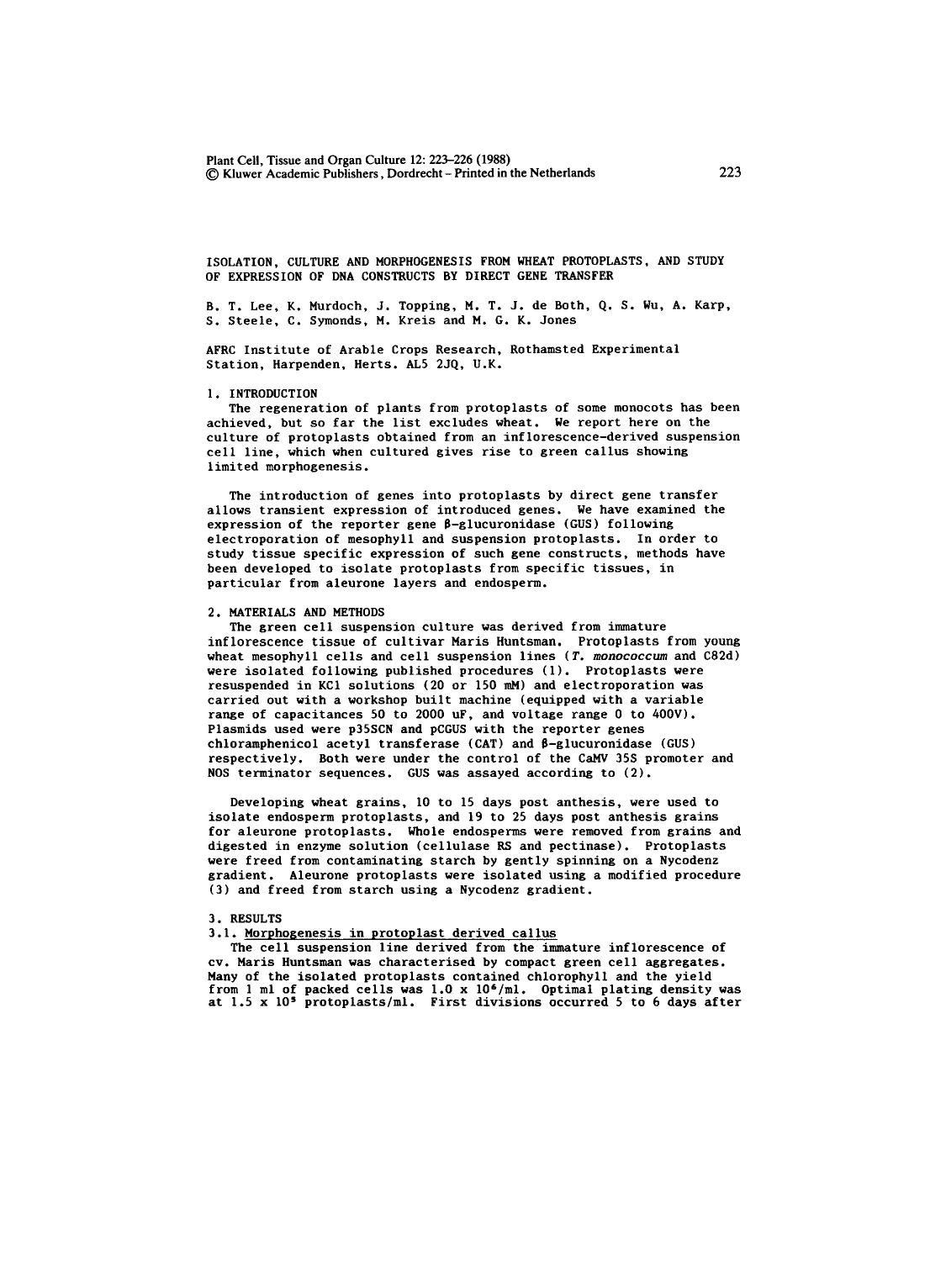 Isolation, culture and morphogenesis from wheat protoplasts, and study of expression of DNA constructs by direct gene transfer by Unknown