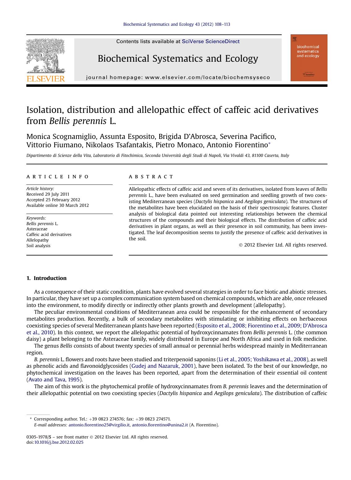 Isolation, distribution and allelopathic effect of caffeic acid derivatives from Bellis perennis L. by unknow